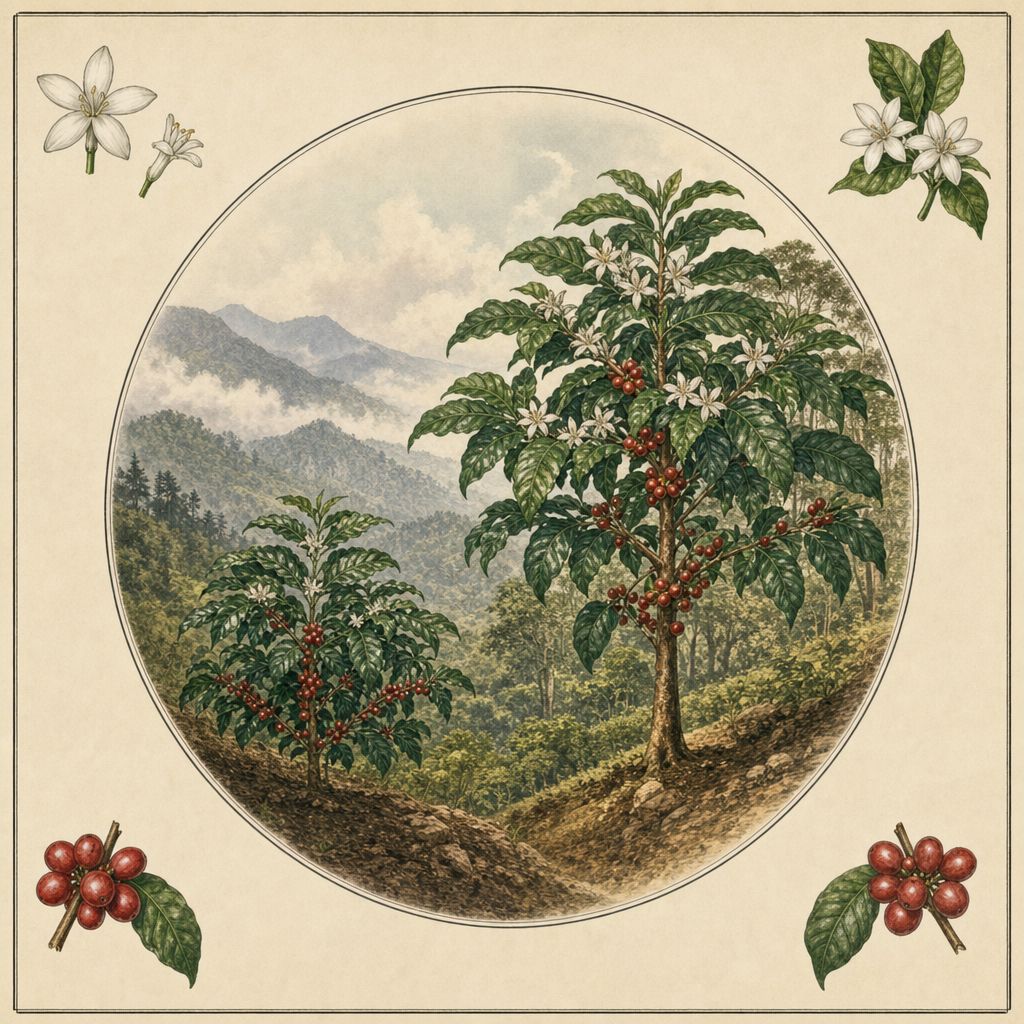 阿拉比卡高地植株對上羅布斯塔較開展樹冠的示意