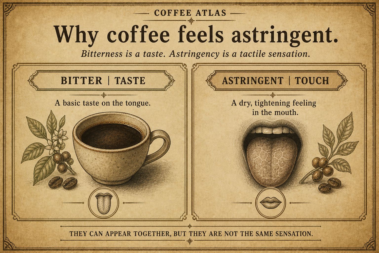 Bitterness as a taste on the tongue contrasted with astringency as a dry, tightening tactile sensation