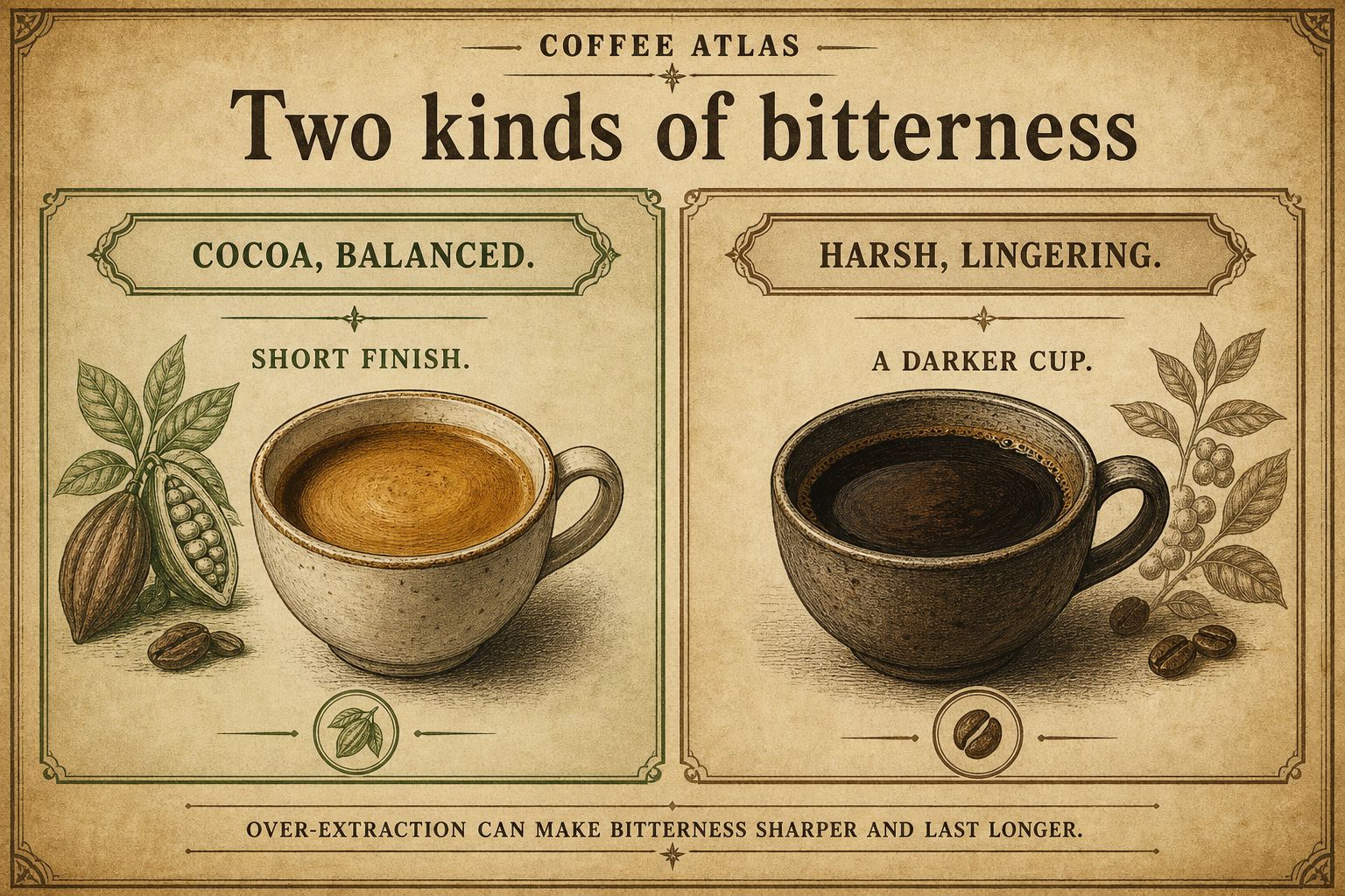 Balanced cocoa-like bitterness contrasted with harsh throat-catching bitterness that lingers