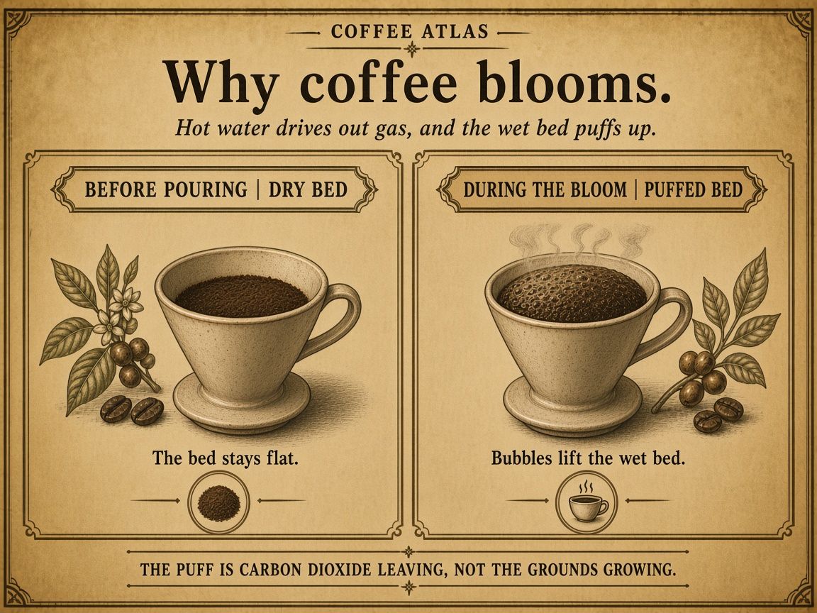 A dry coffee bed stays flat, then bubbles lift the wet bed into a dome during the bloom