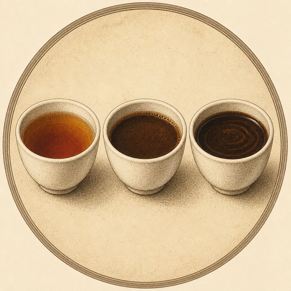 咖啡醇厚度示意：從比較薄、像茶，到比較厚實的三杯液體