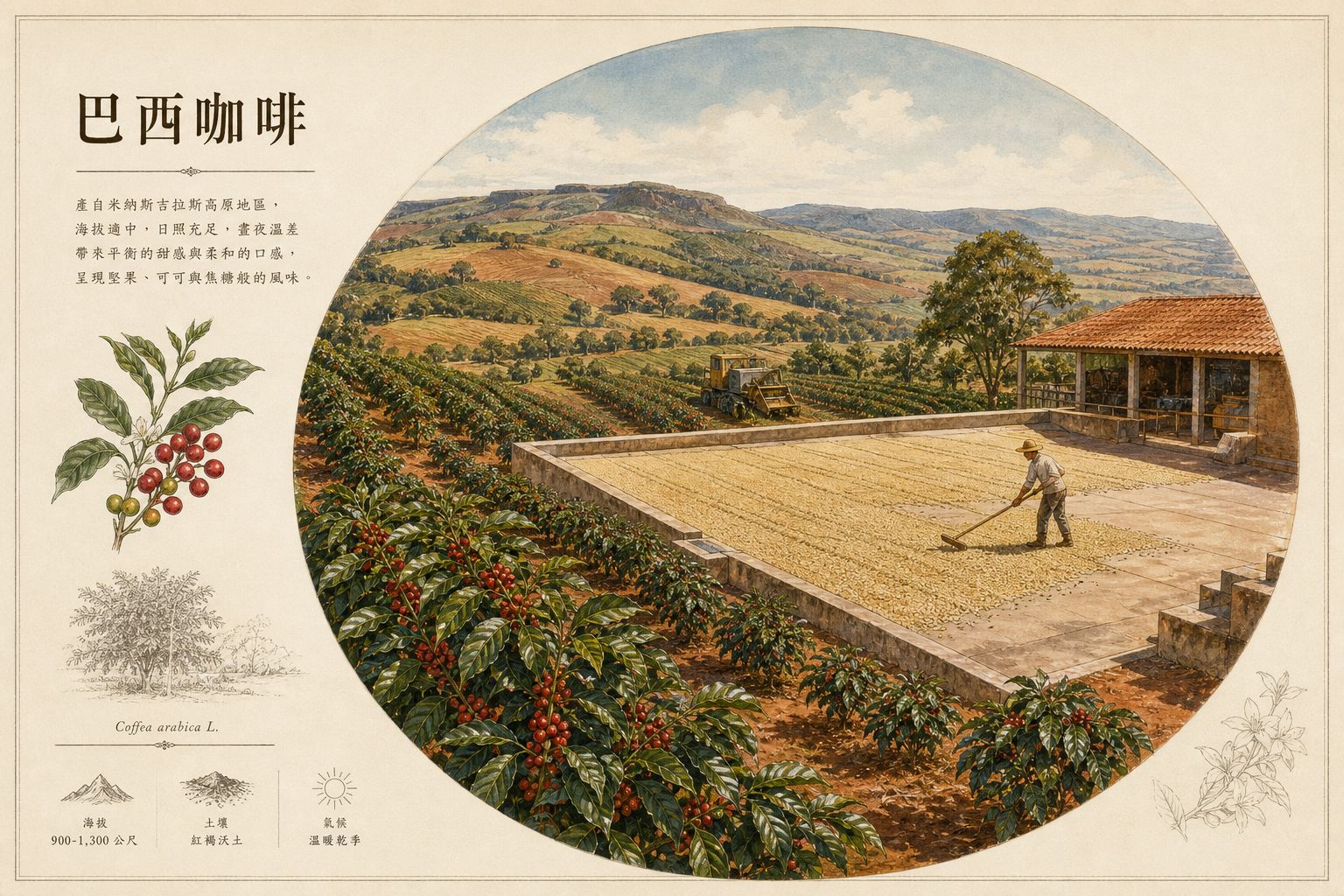 巴西高原咖啡示意：咖啡樹、紅土與大片曬埕乾燥