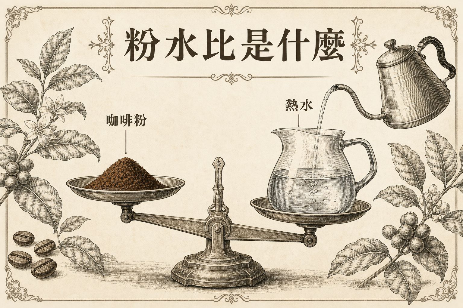 粉水比示意：一邊是咖啡粉，一邊是熱水，用秤連在一起