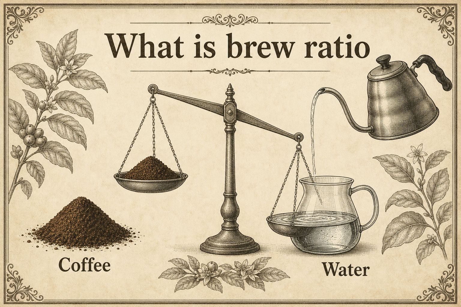 Brew ratio shown as coffee grounds on one side and hot water on the other, linked by a scale