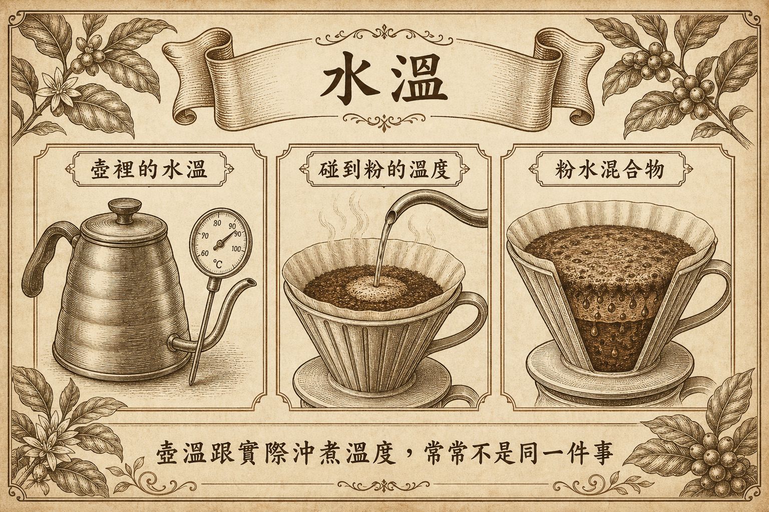 沖煮水溫示意：壺裡的水溫、碰到粉的溫度、粉水混合物