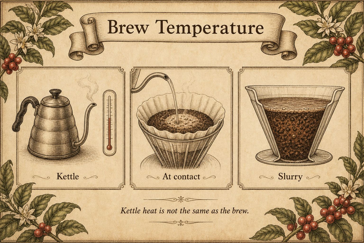 Brew temperature shown three ways: kettle water, water at contact with the grounds, and the slurry in the dripper