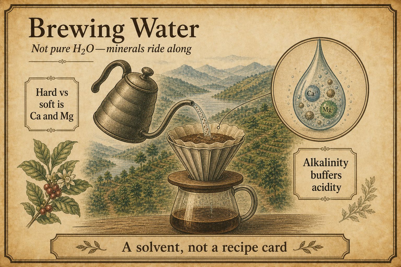 A kettle of brewing water sketched as a solvent with dissolved minerals, not pure laboratory water