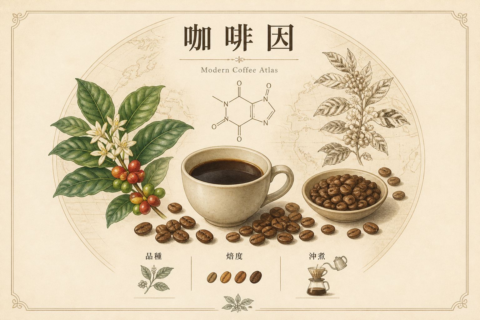 咖啡因示意：一杯咖啡、豆子，以及品種、焙度、沖煮三個因素
