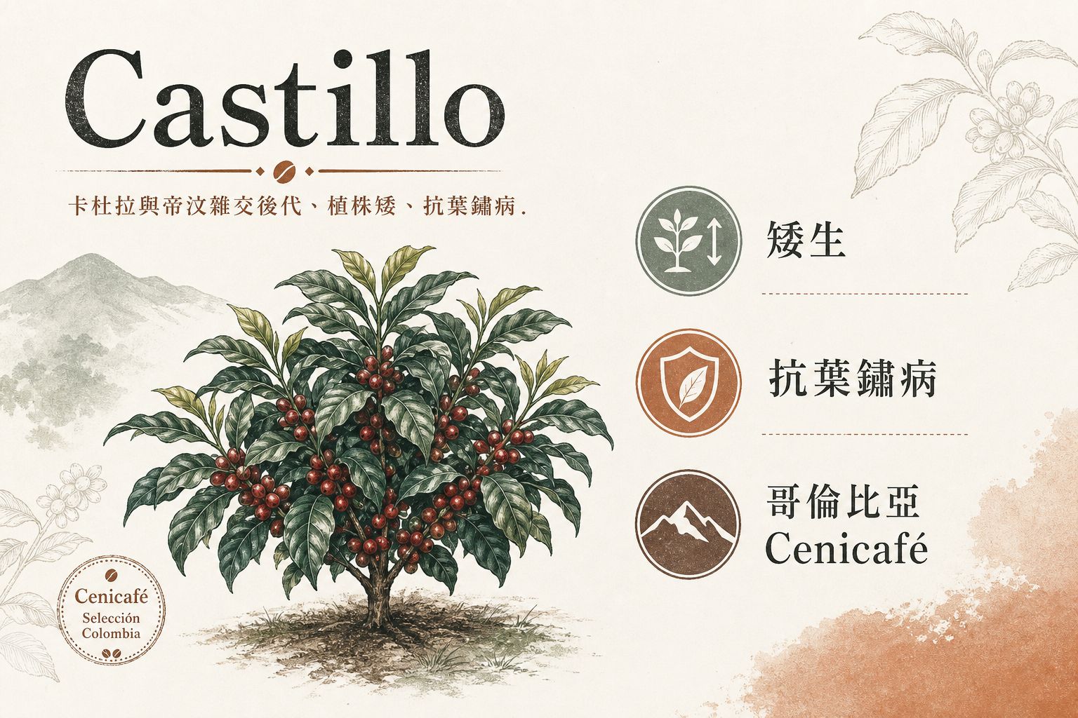 Castillo 品種示意：矮而密的植株與成串紅櫻桃，標示抗葉鏽病