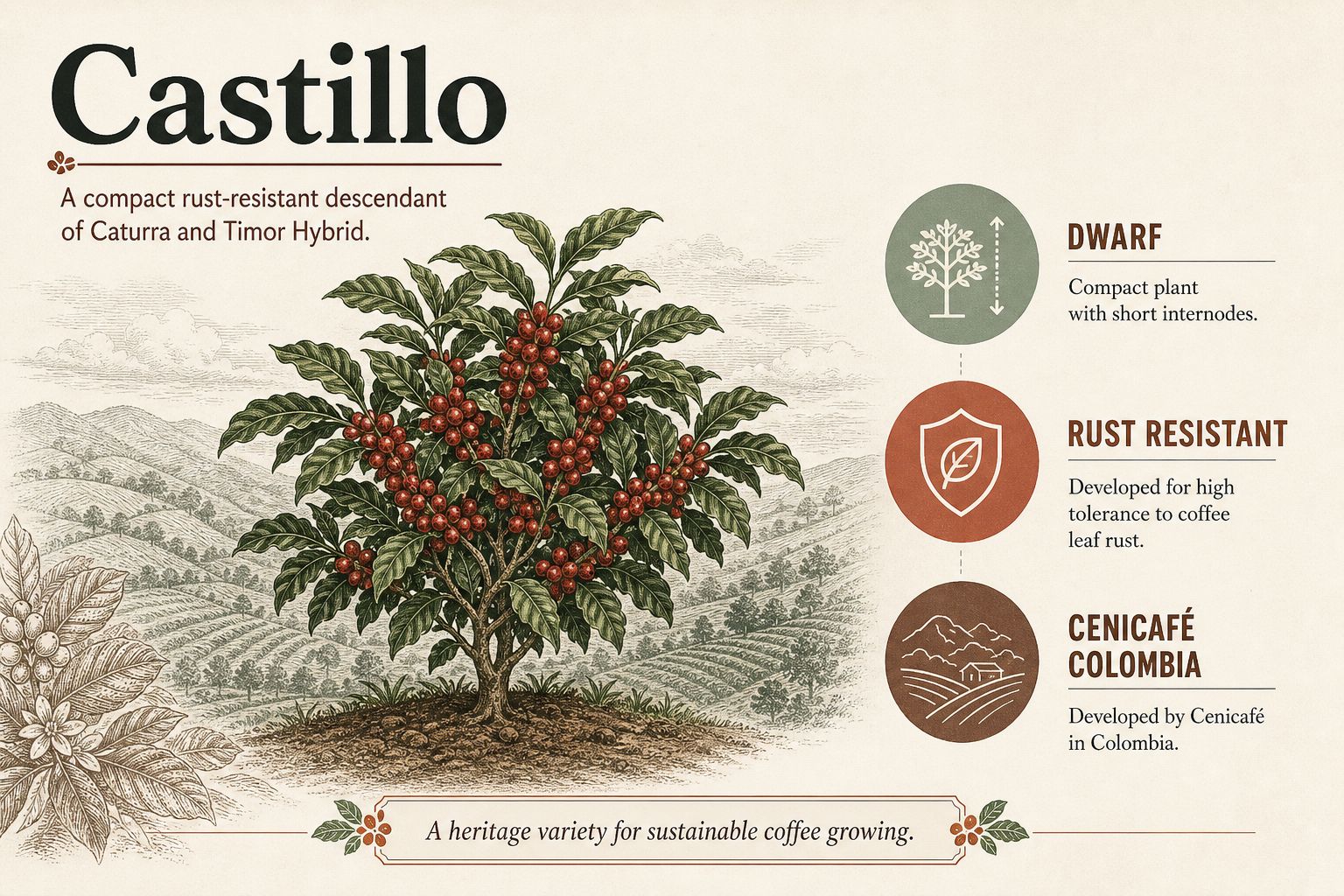 A compact Castillo coffee tree with clusters of red cherries, labeled as rust-resistant