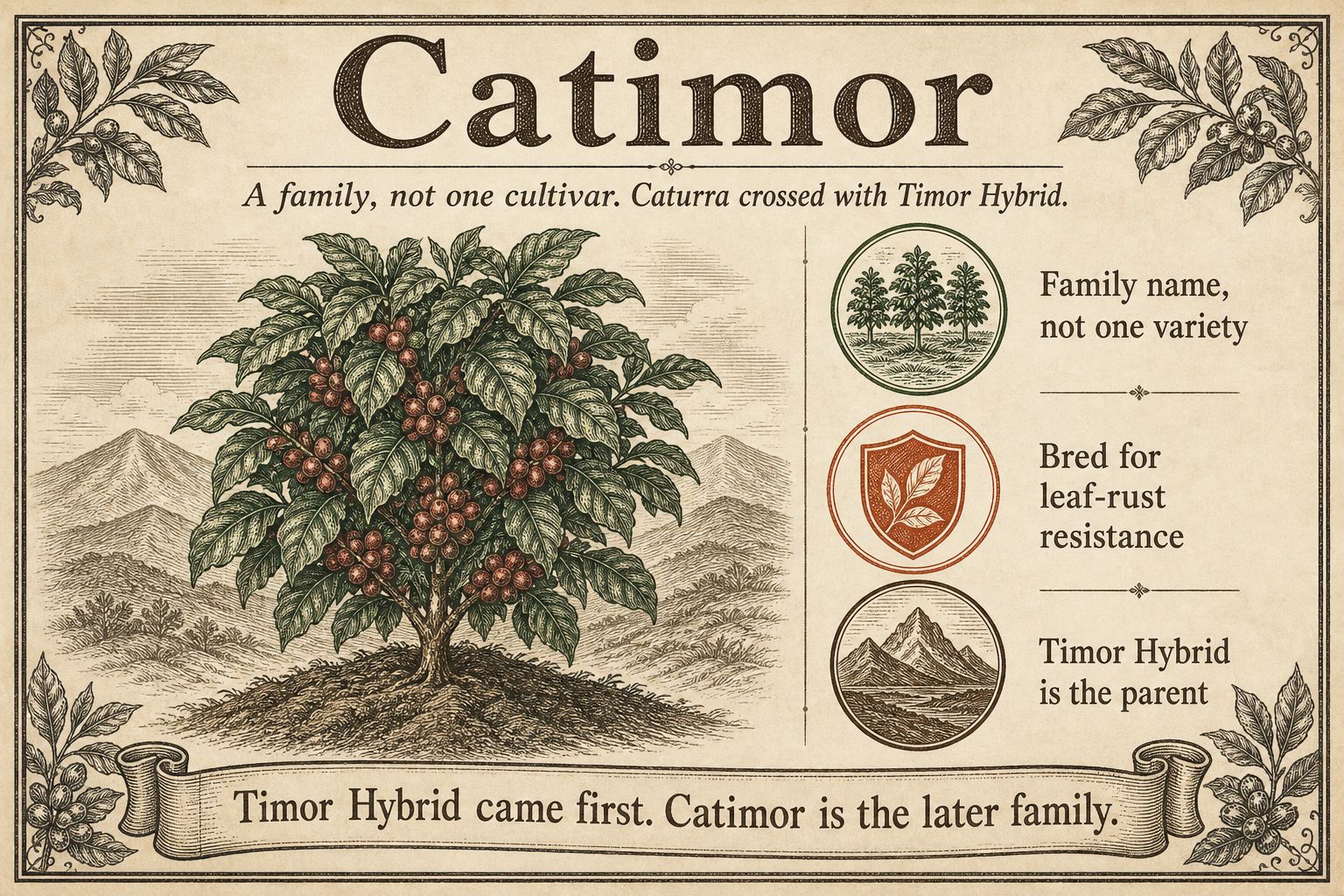 Compact Catimor-type coffee trees labeled as a rust-resistant family, not a single cultivar