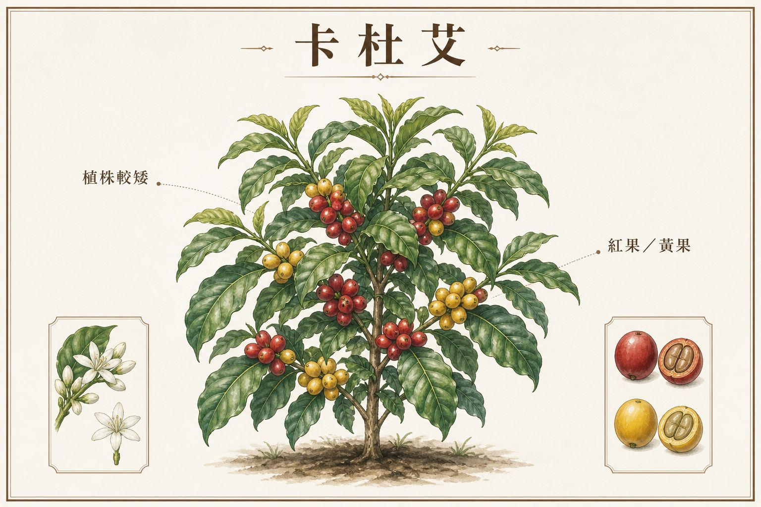 卡杜艾品種示意：矮生植株，樹上同時有紅果與黃果