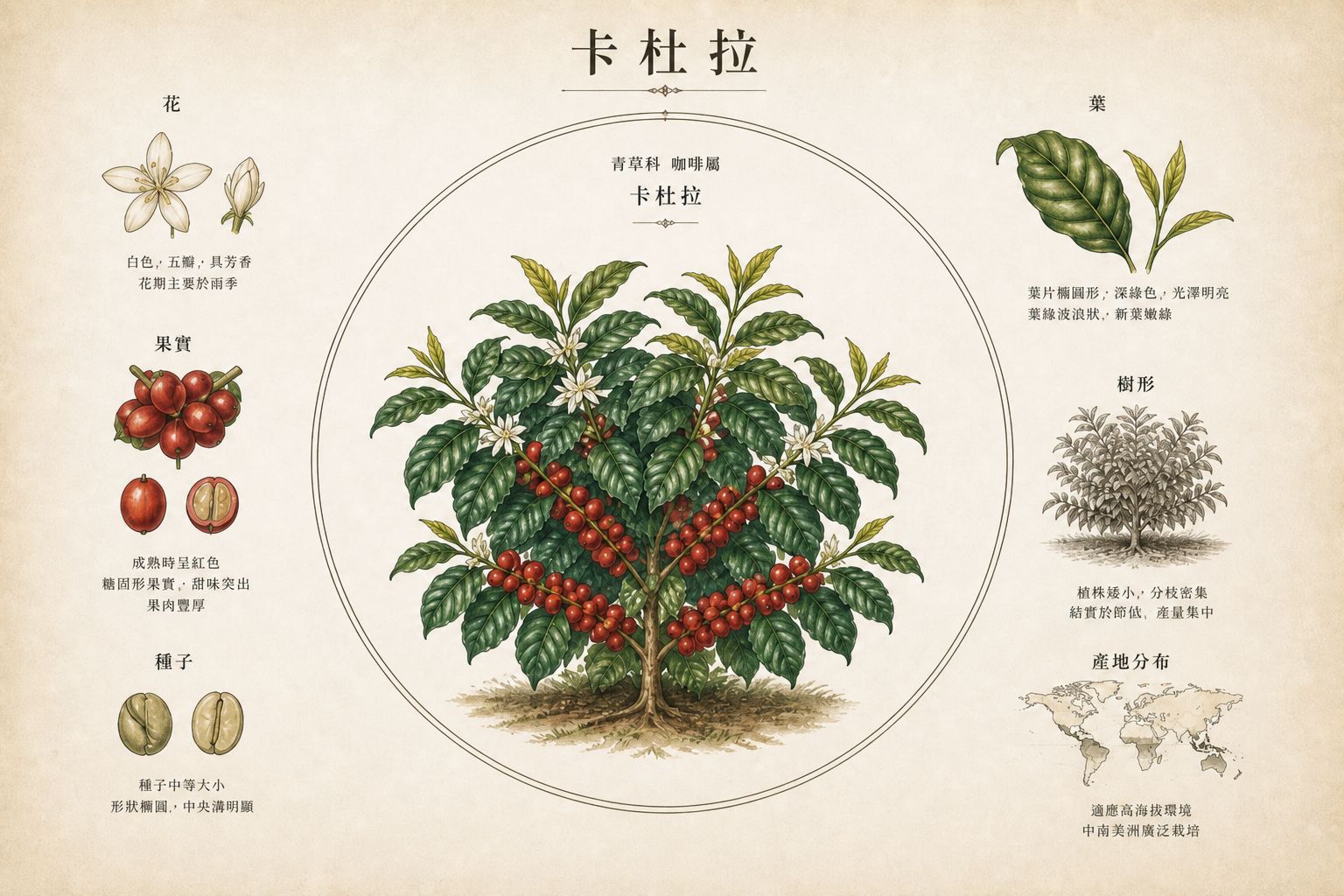 卡杜拉品種示意：矮而密的植株、綠色新葉與成串紅櫻桃