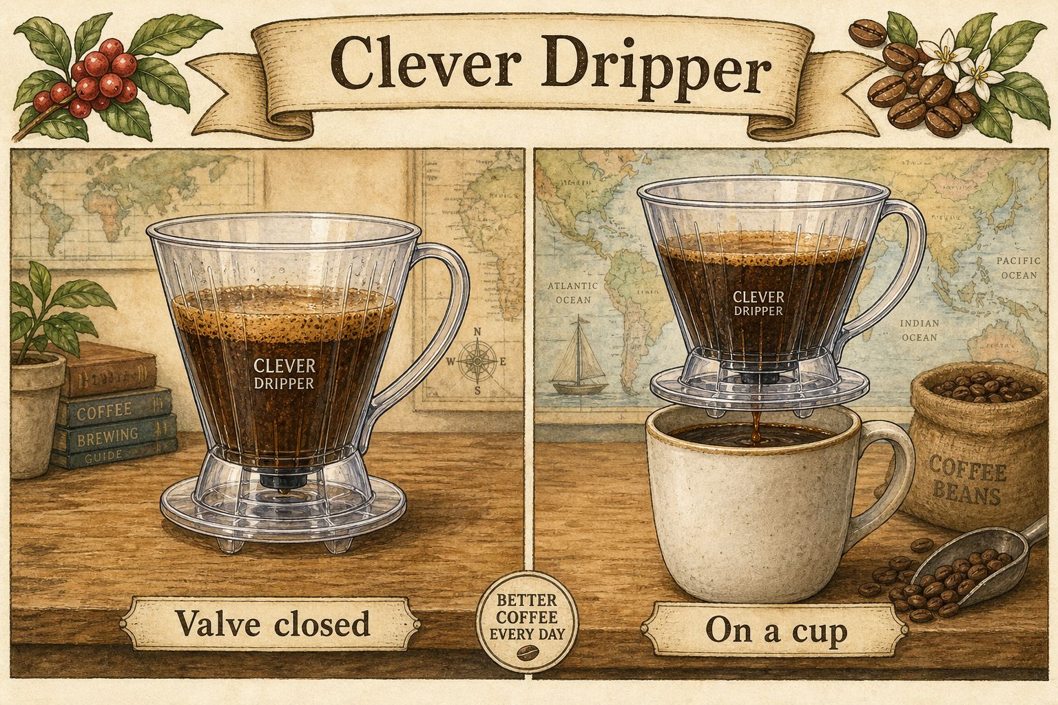 A Clever Dripper steeping with the valve closed, then draining into a cup when the valve opens
