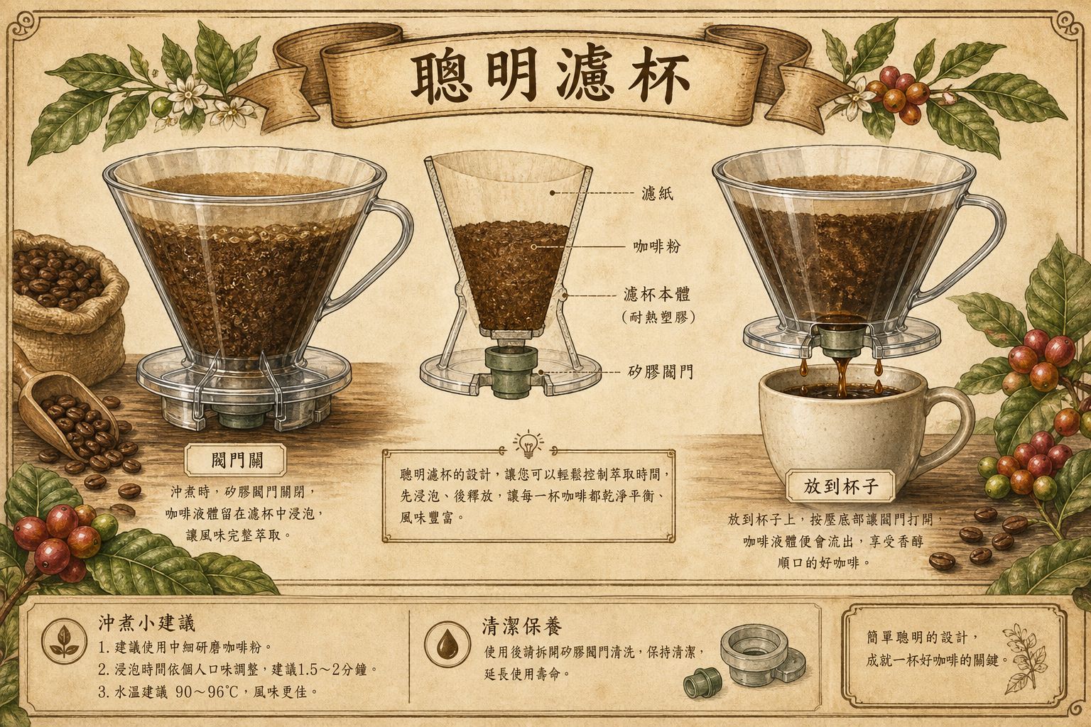 聰明濾杯示意：平放時閥門關閉浸泡，放到杯子上才放出咖啡液