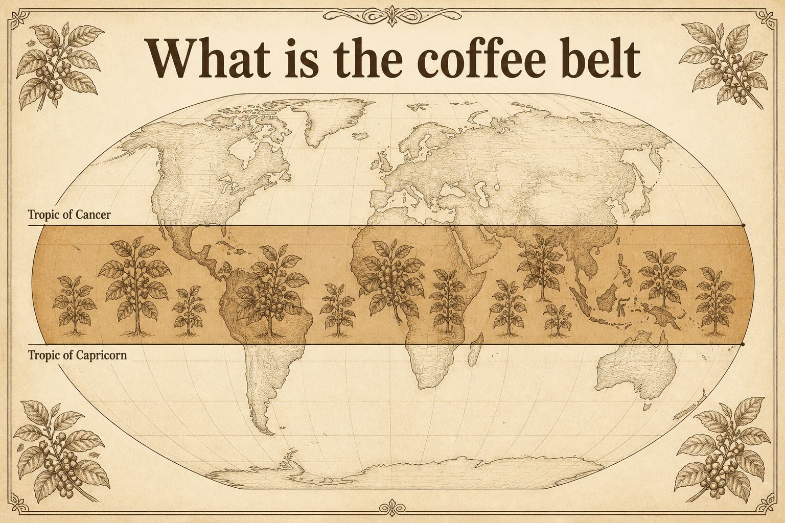 Schematic globe with a tropical coffee belt between the Tropic of Cancer and Tropic of Capricorn, not a country identification map