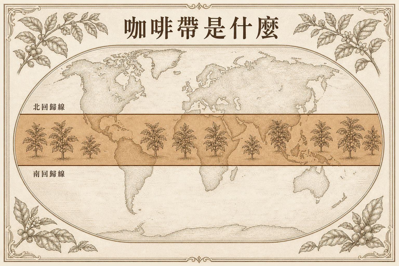 赤道兩側咖啡帶示意：北回歸線與南回歸線之間的帶狀，不是國家鑑定地圖