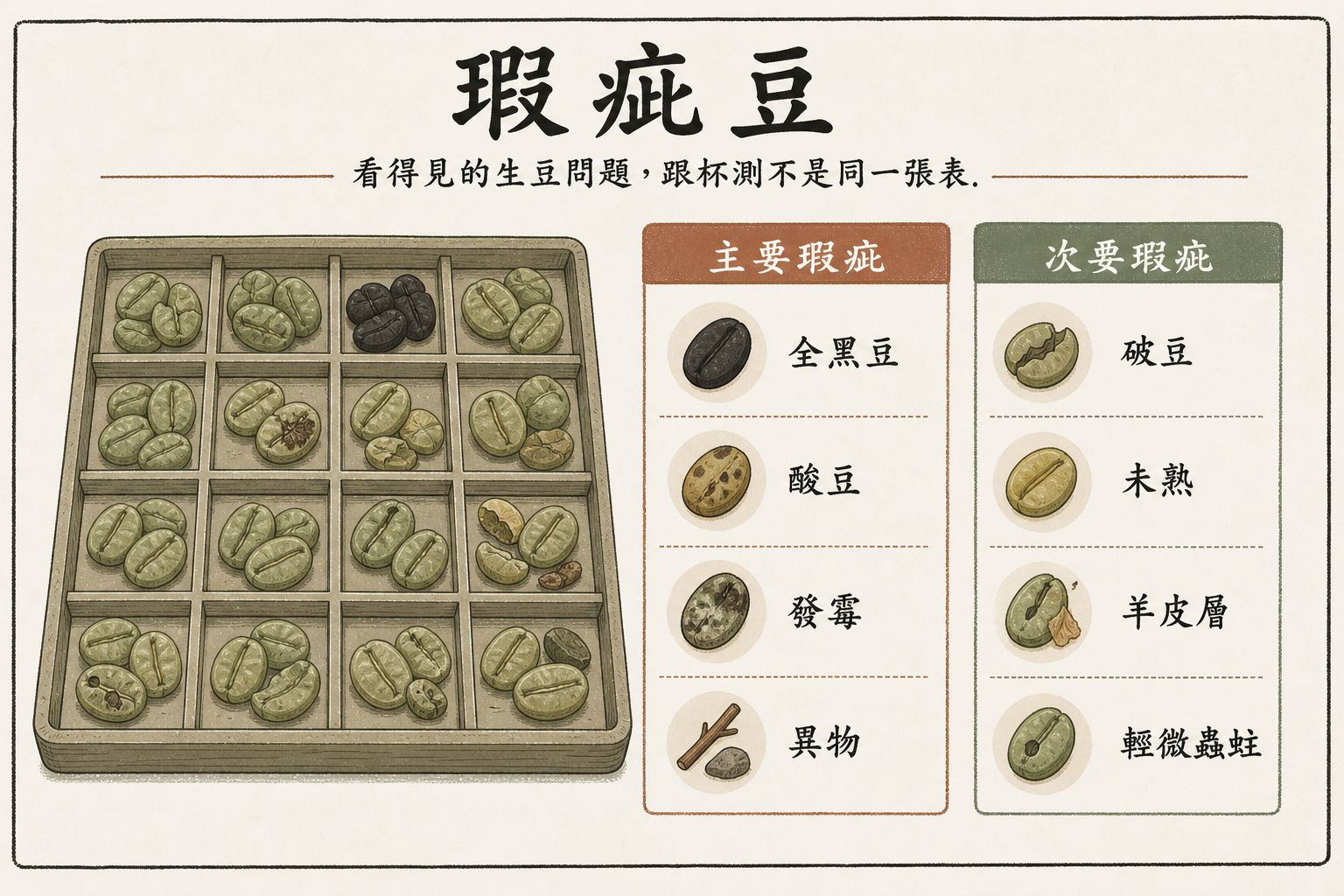 瑕疵豆示意：挑揀盤上的生豆，旁邊分成主要瑕疵與次要瑕疵