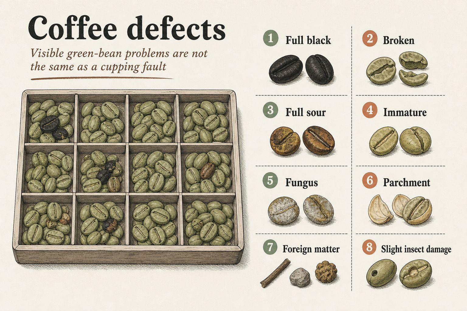 A sorting tray of green coffee beside columns for Category 1 and Category 2 defects
