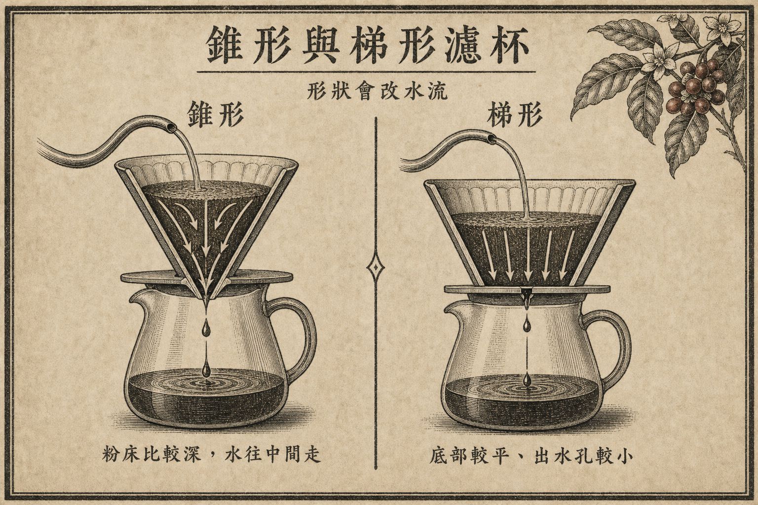 錐形濾杯與梯形濾杯並排，熱水倒進不同形狀的粉床