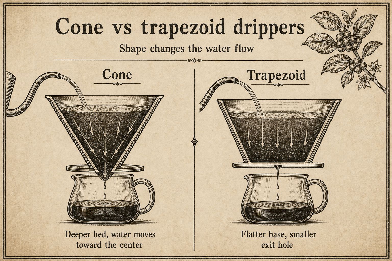A cone pour-over dripper beside a trapezoid dripper, with hot water poured into differently shaped coffee beds