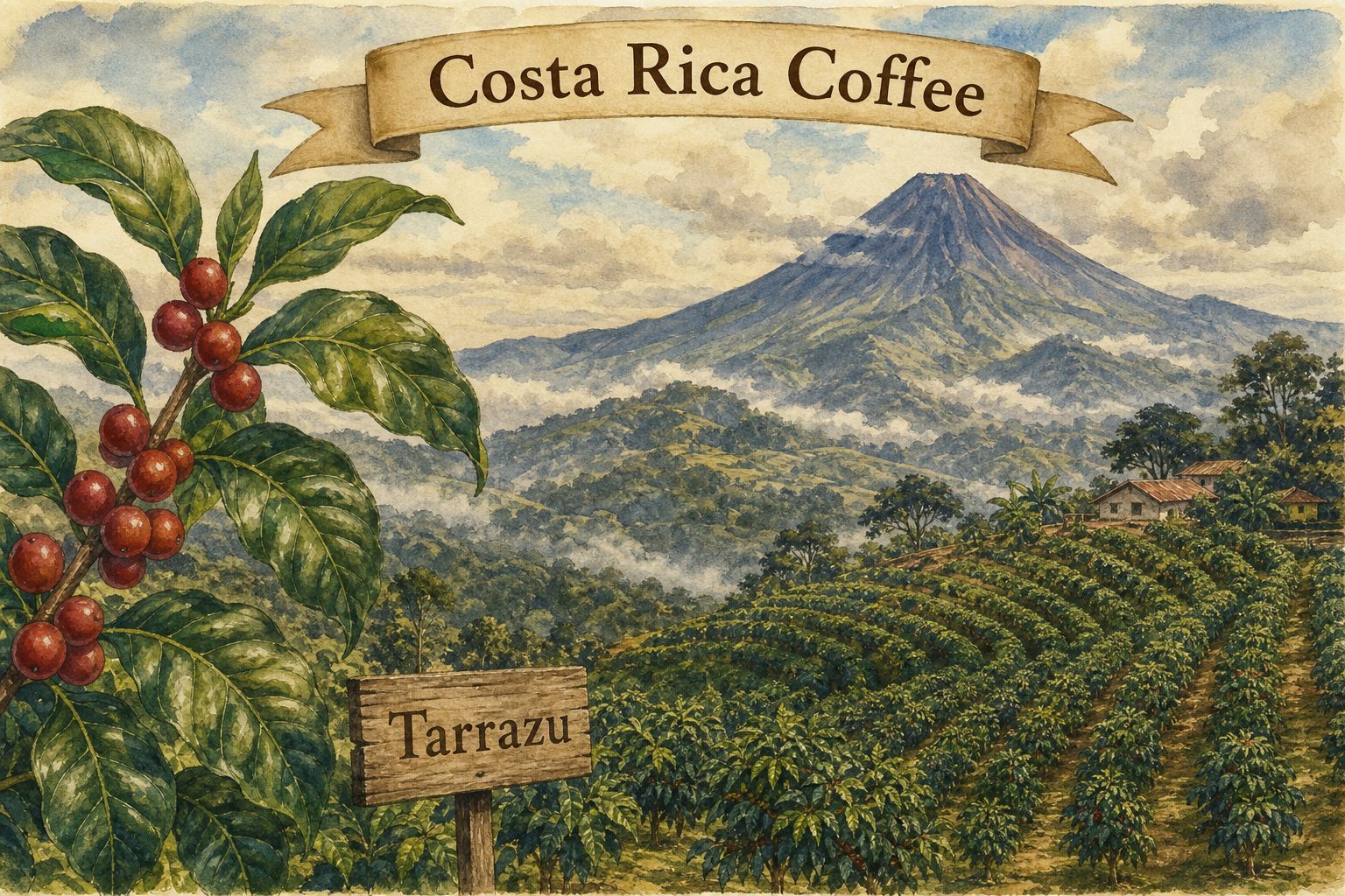 Coffee terraces in the Costa Rican highlands, with Tarrazú marked on a mountain slope