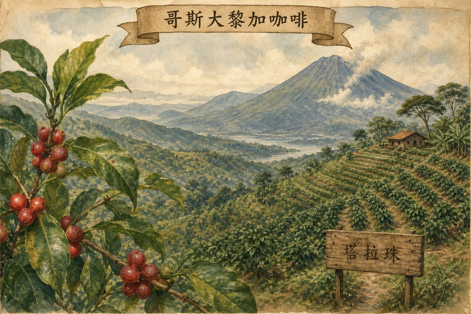 哥斯大黎加高地咖啡示意：塔拉珠山區坡地咖啡園與雲霧