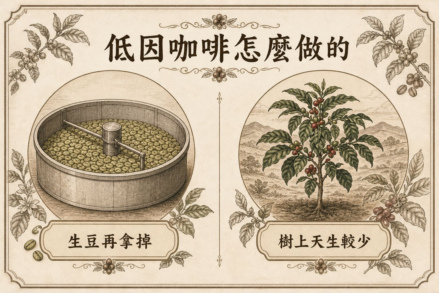 低因示意：生豆階段再拿掉咖啡因，對上樹上天生較少的低咖啡因品種