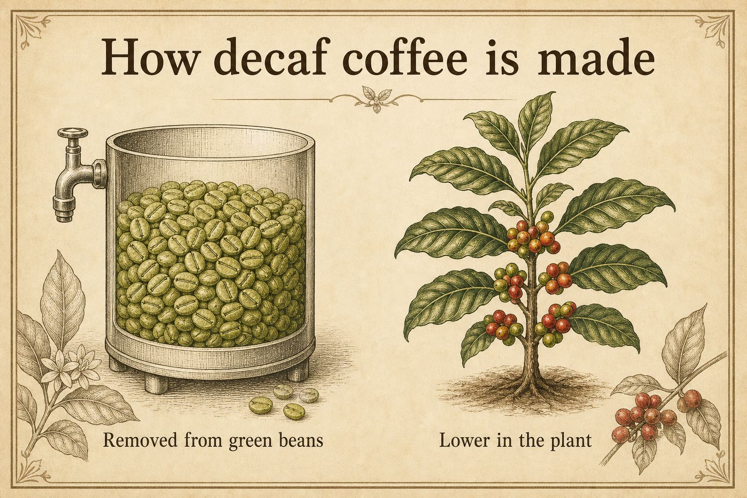 Decaf processing that removes caffeine from green beans compared with a coffee plant that is genetically lower in caffeine