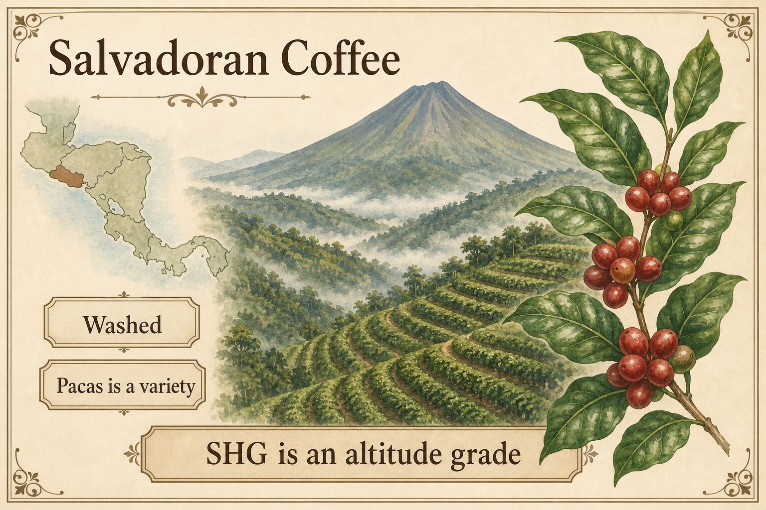 Coffee on volcanic slopes in western El Salvador, labeled washed, Pacas as a variety, and SHG as an altitude grade