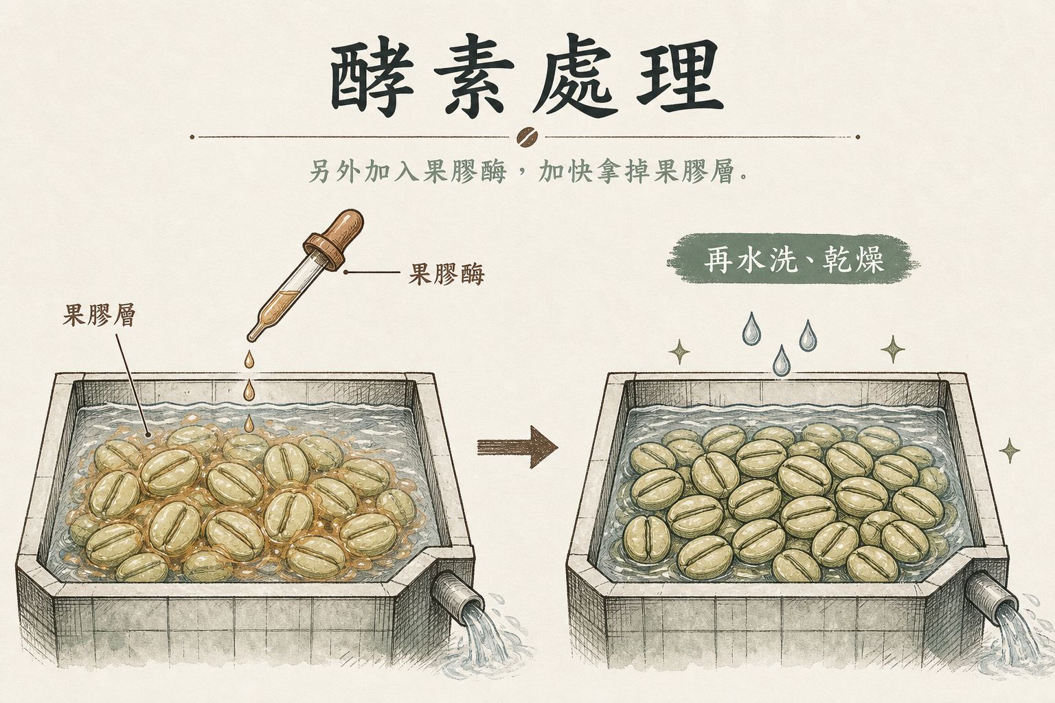 酵素處理示意：去皮後的豆子加上果膠酵素，果膠層被分解後再清洗乾燥