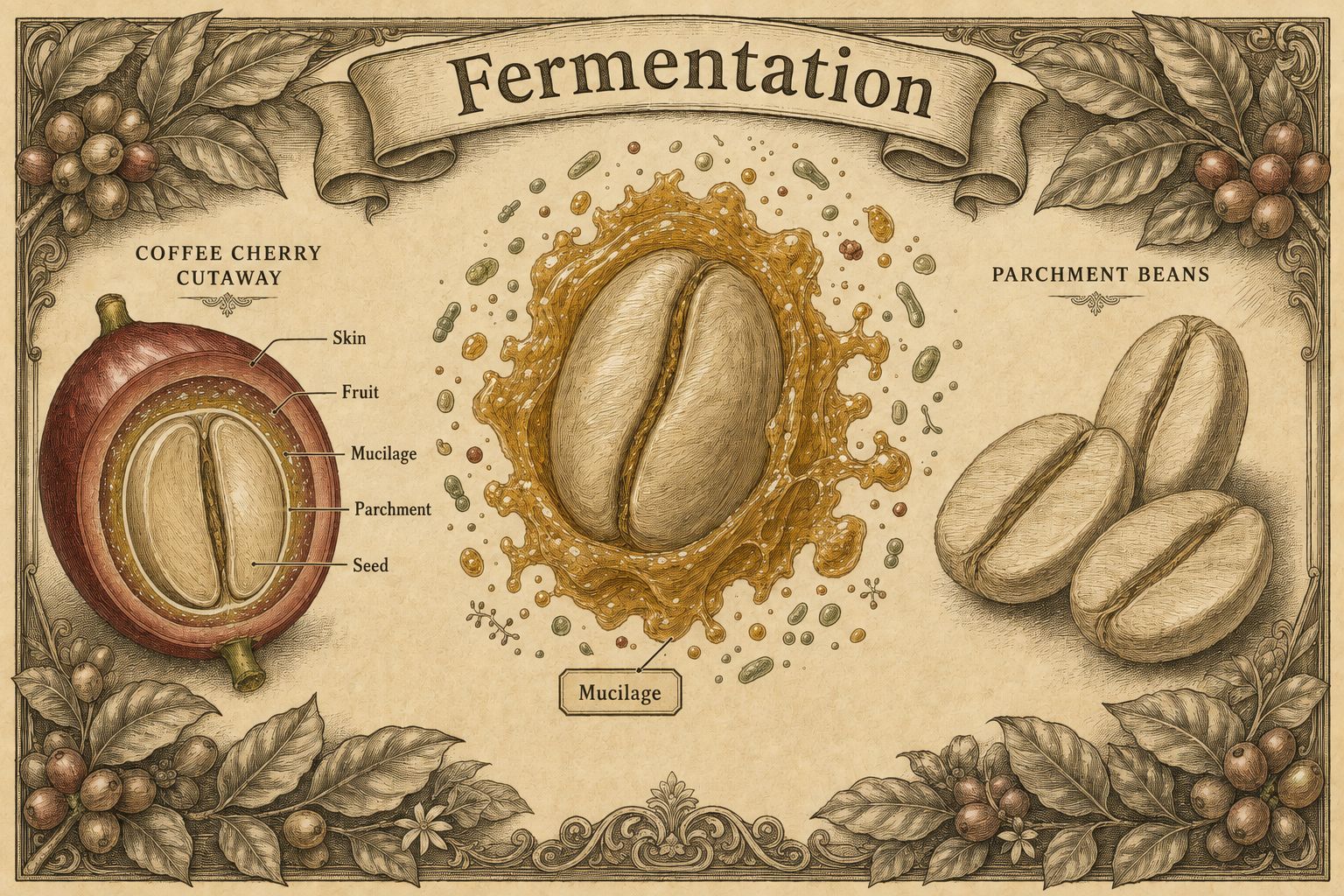 Fermentation shown as microbes breaking down mucilage around parchment coffee