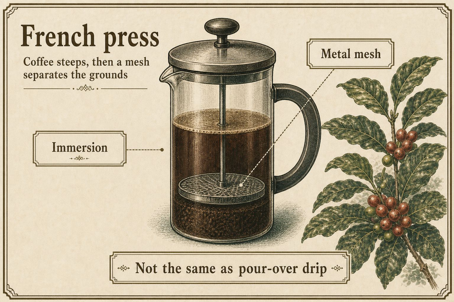 A French-press carafe with coffee steeping and a mesh plunger holding the grounds below