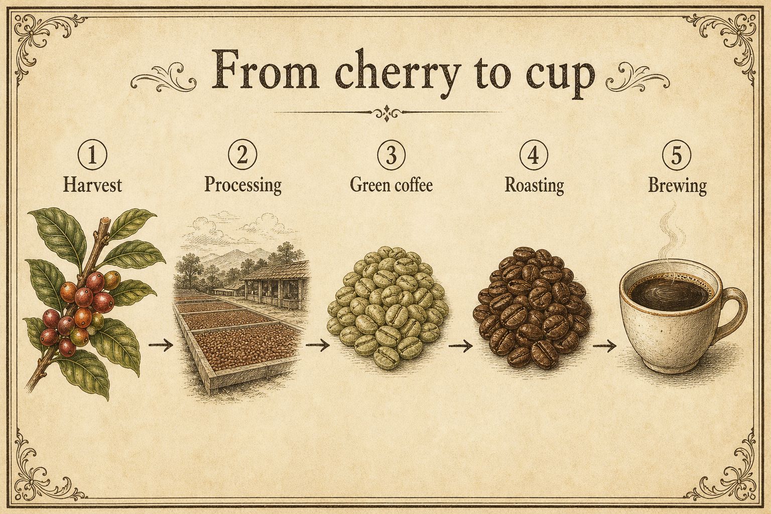 Coffee moving through harvest, processing, green coffee, roasting, and brewing
