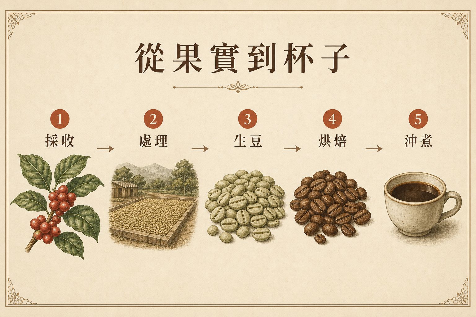 咖啡從採收、處理、生豆、烘焙到沖煮的示意