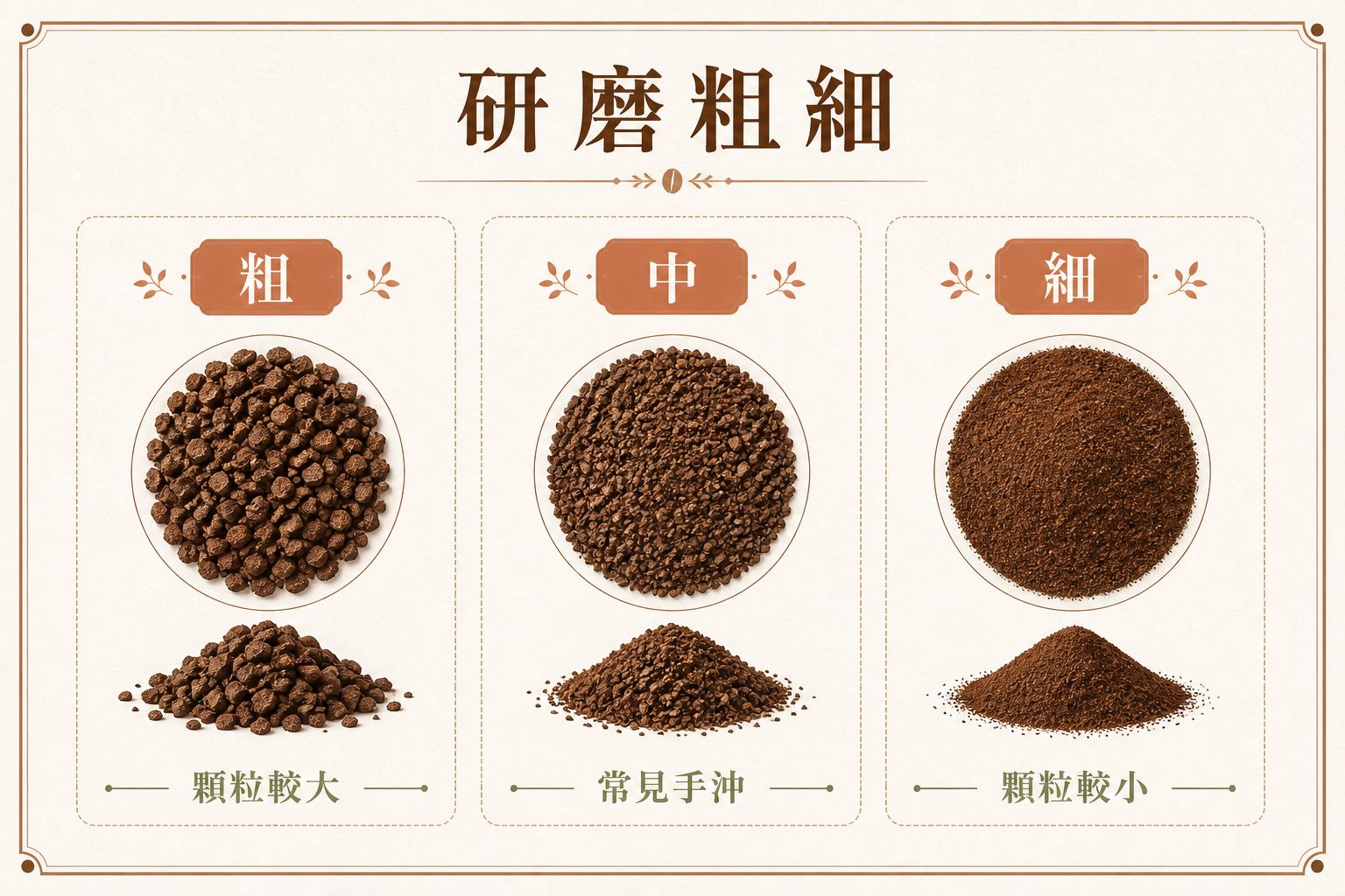粗、中、細三種咖啡粉顆粒示意