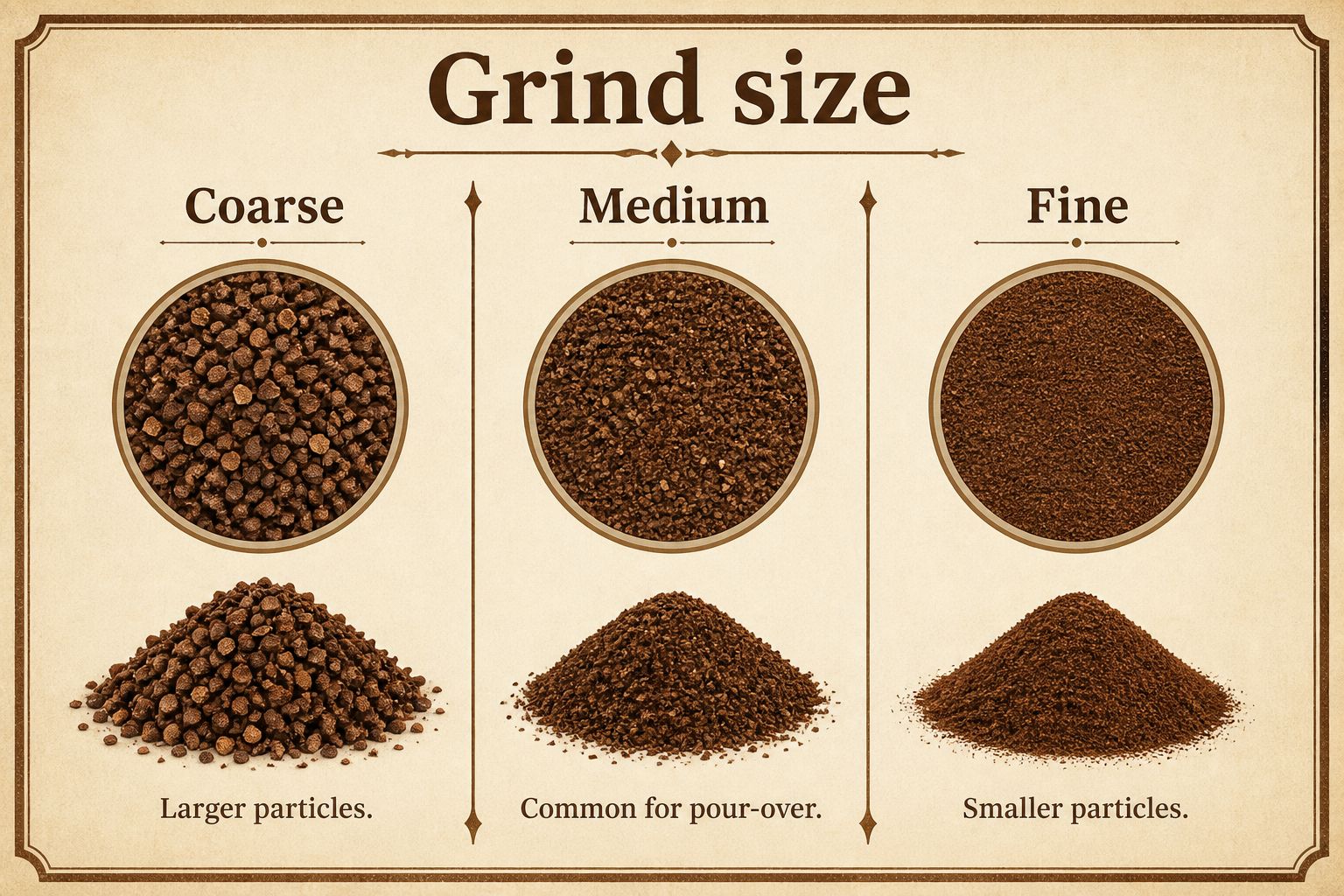 Coarse, medium, and fine ground coffee particles compared side by side