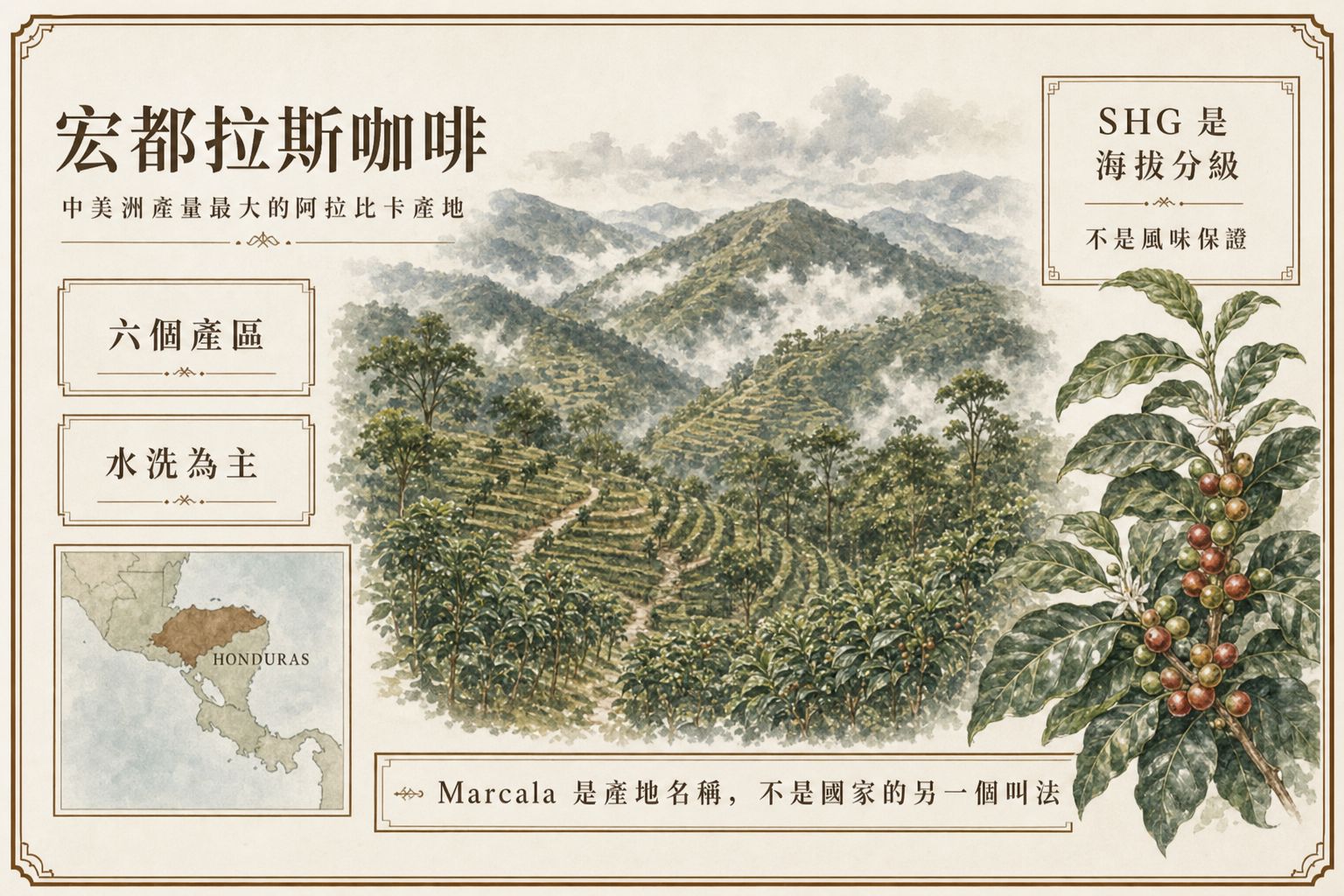 宏都拉斯西部高地咖啡示意：山區坡地咖啡園與六個產區輪廓