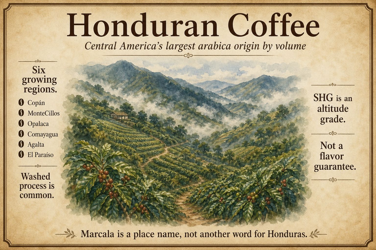 Coffee terraces in the western highlands of Honduras, with the country marked on a small regional map
