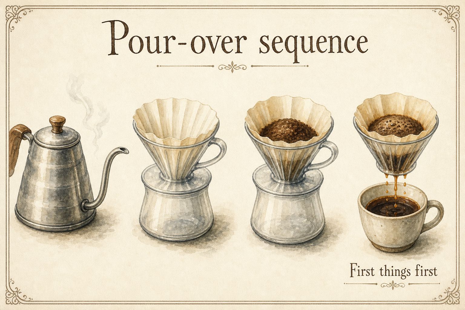 Pour-over sequence from hot water and a paper filter to coffee dripping into a cup