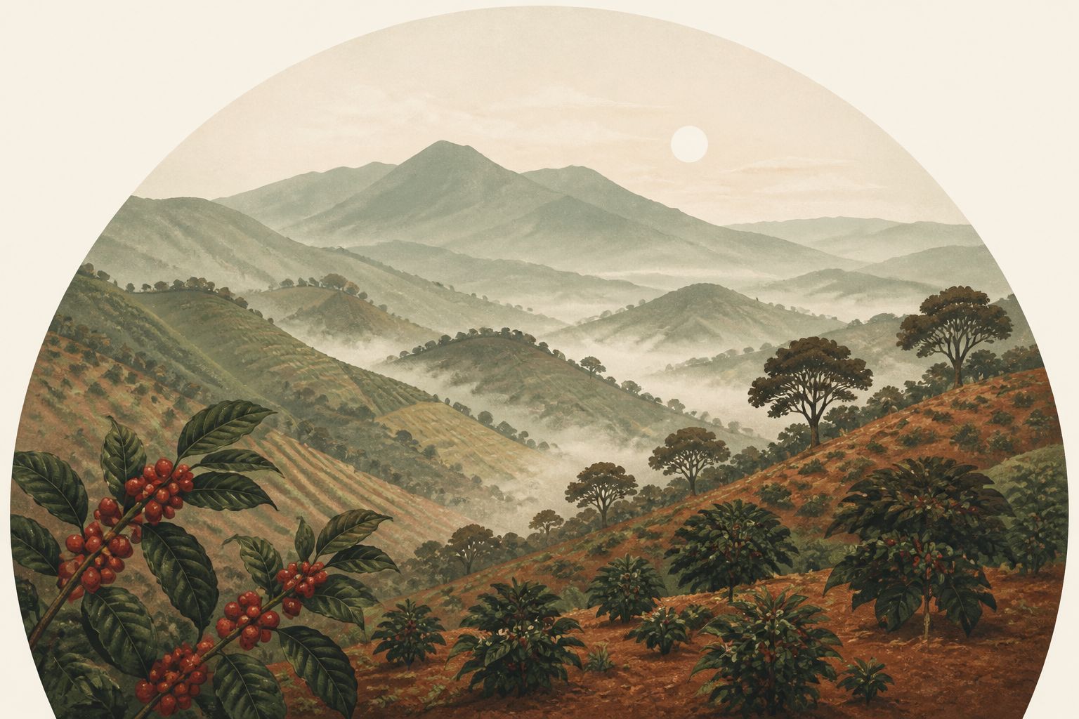 An illustrated high-elevation coffee landscape, not a map of a specific country