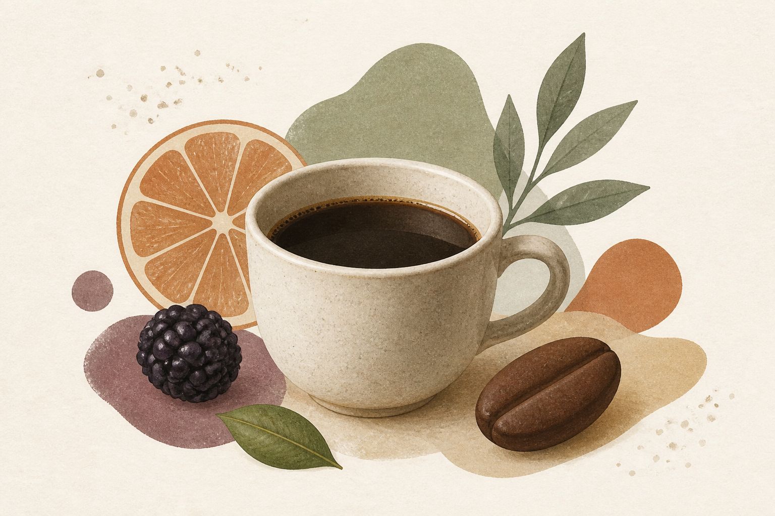 An illustrated cup showing acidity, fruit character, and body as different sensory ideas