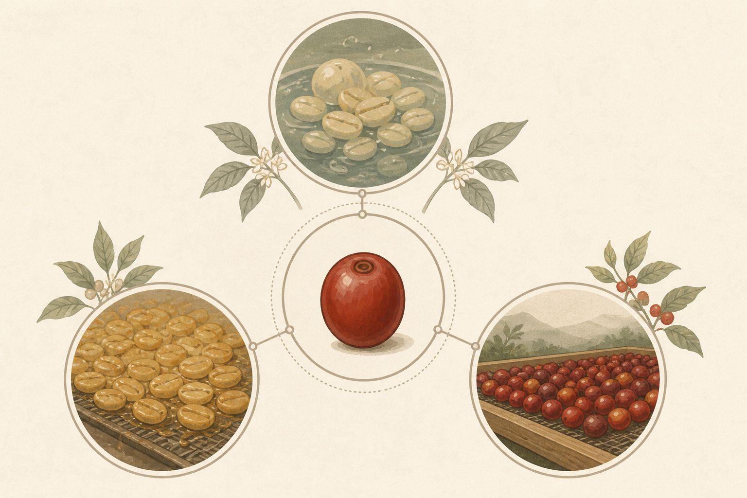 One coffee cherry branching into washed, natural, and mucilage-dried processing paths