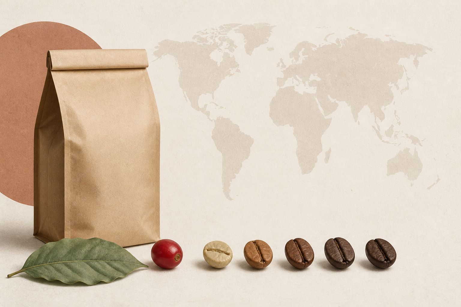 An illustrated introduction to coffee bags, roast levels, and coffee cherries