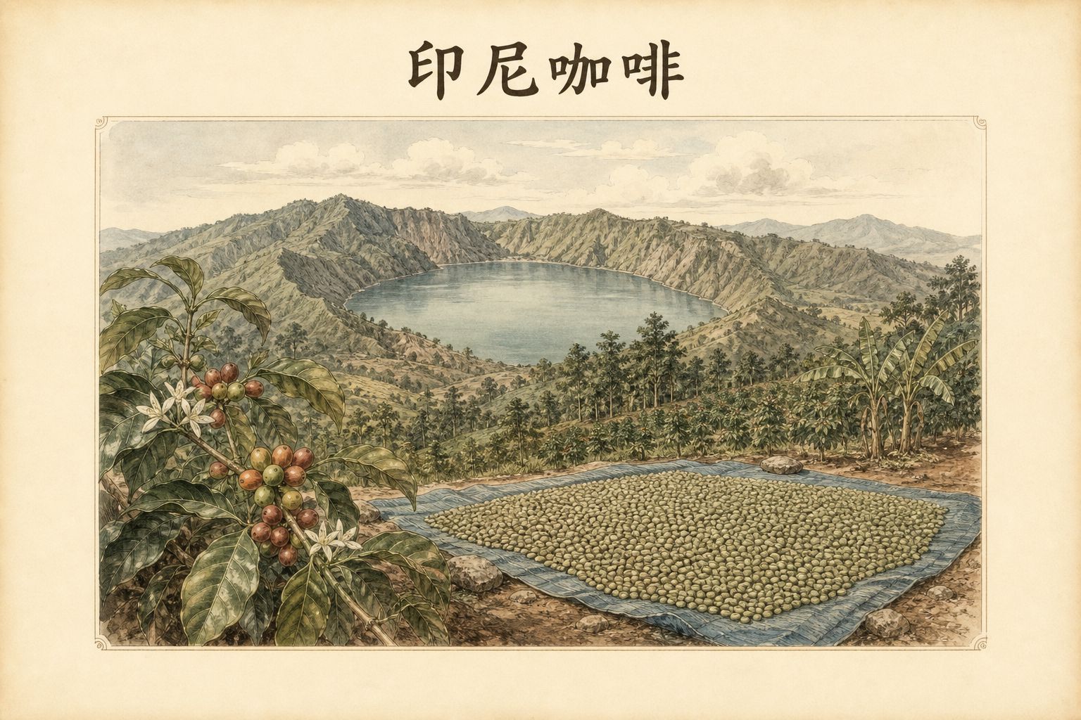 印尼蘇門答臘高地咖啡示意：火山口湖、坡地咖啡園與濕剝生豆乾燥