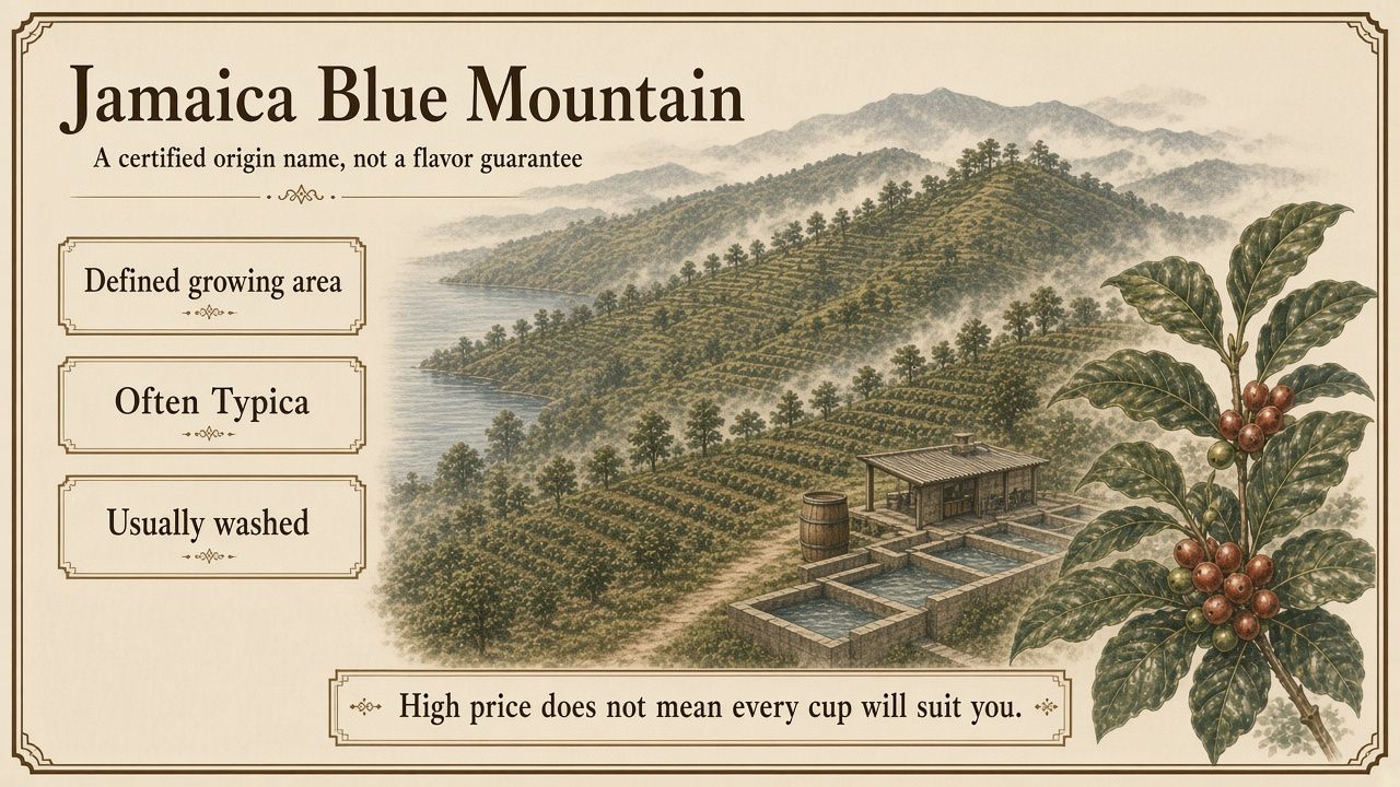 Sketch of misty Blue Mountain slopes and coffee trees as a licensed origin name, not a photograph of an estate