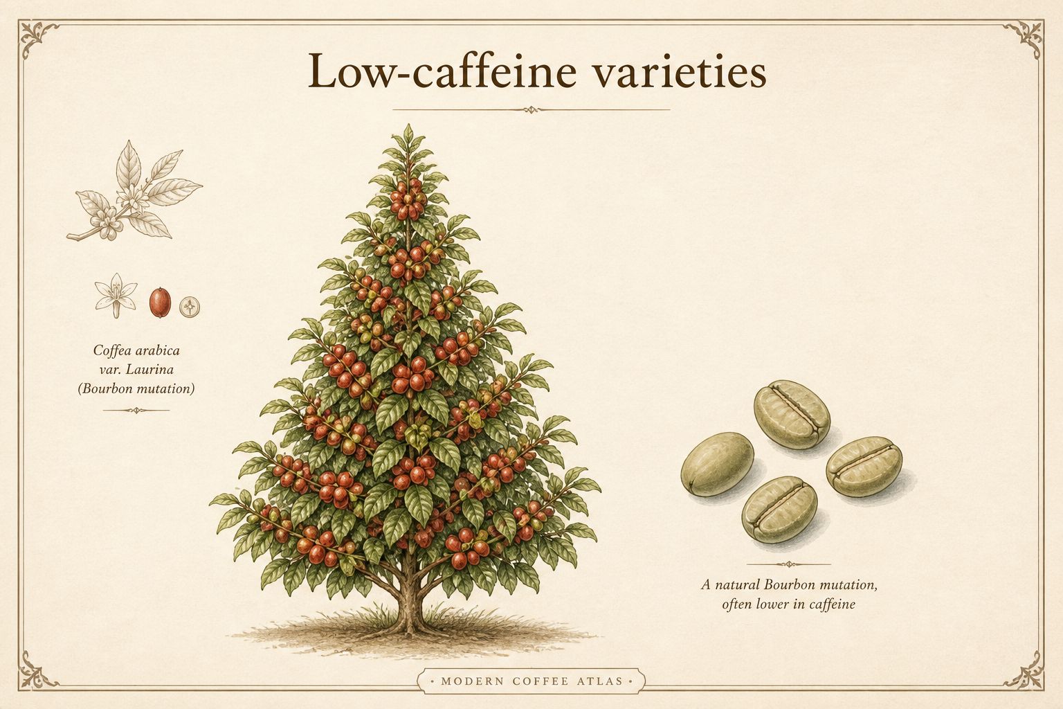 A compact conical Laurina coffee plant beside slightly pointed green beans