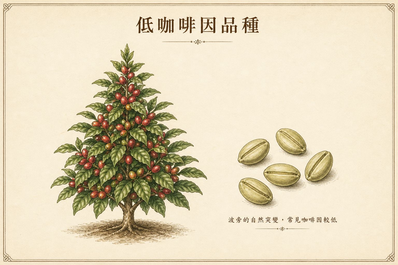 低咖啡因品種示意：較矮、樹形較尖的 Laurina，旁邊是略尖的生豆