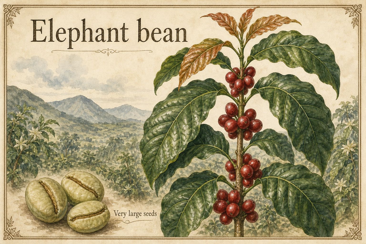 Maragogipe branch with large leaves and red coffee cherries beside enlarged green beans