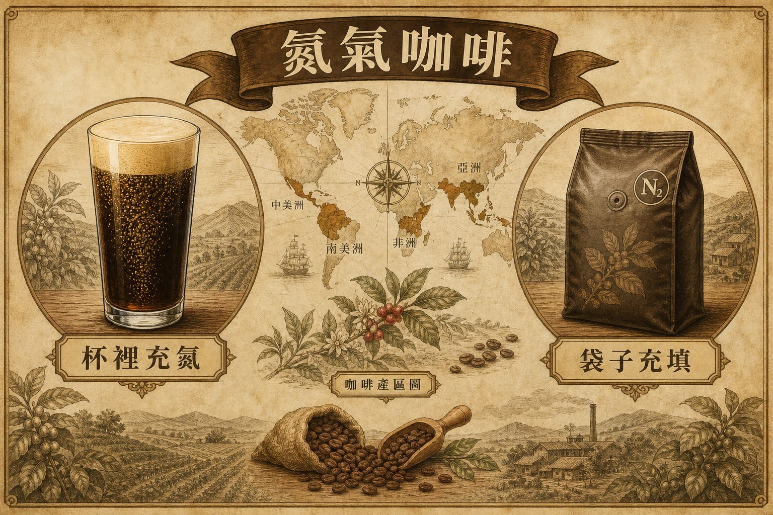 氮氣咖啡示意：杯裡細泡像瀑布往下流動，對上袋子氮氣充填